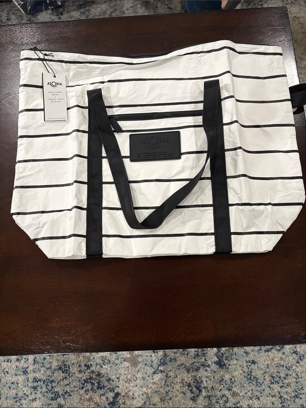 Aloha Collection Pinstripe Striped PackableTote Bag in White and Black